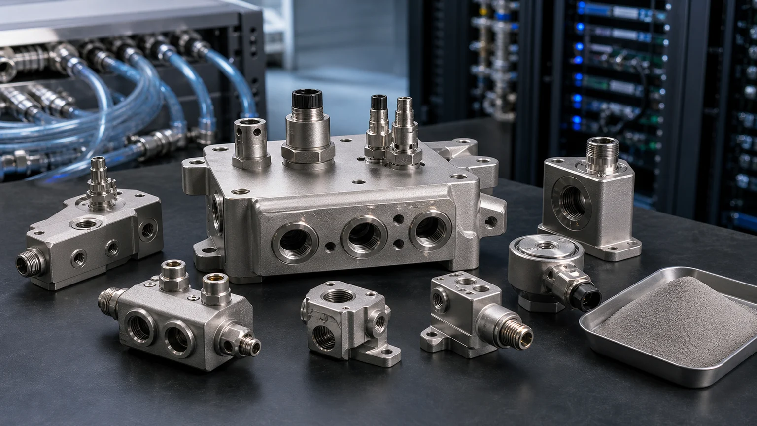 316L powder coolant distribution manifold and sensor housing hardware for AI data center liquid cooling